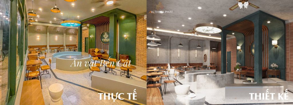 hình ảnh thực tế và thiết kế 3D quán Wing Bến Cát