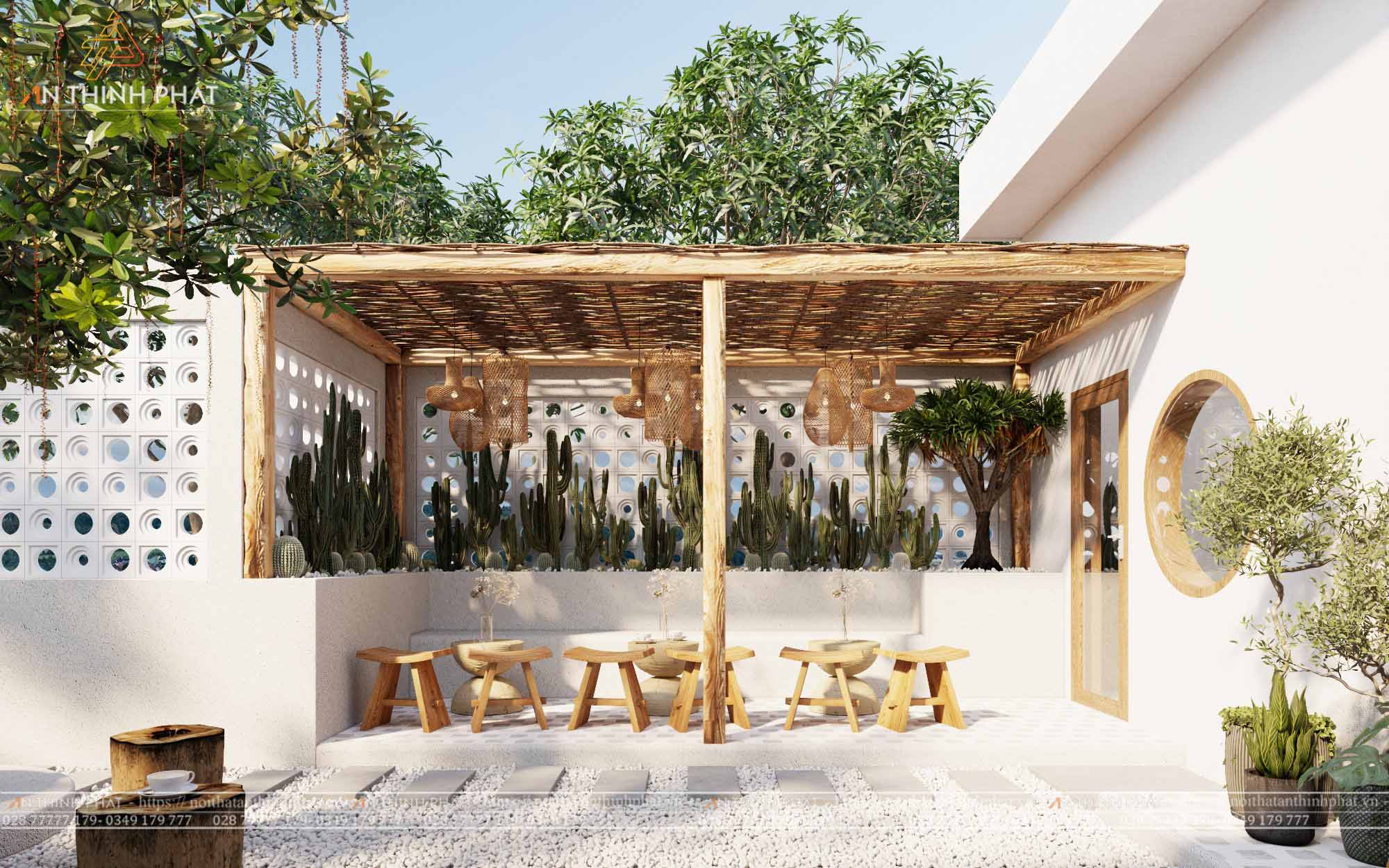 khong-gian-ben-ngoai-quan-cafe Không gian bên ngoài được decor các vật liệu thô, mảng tường trắng như cát biển