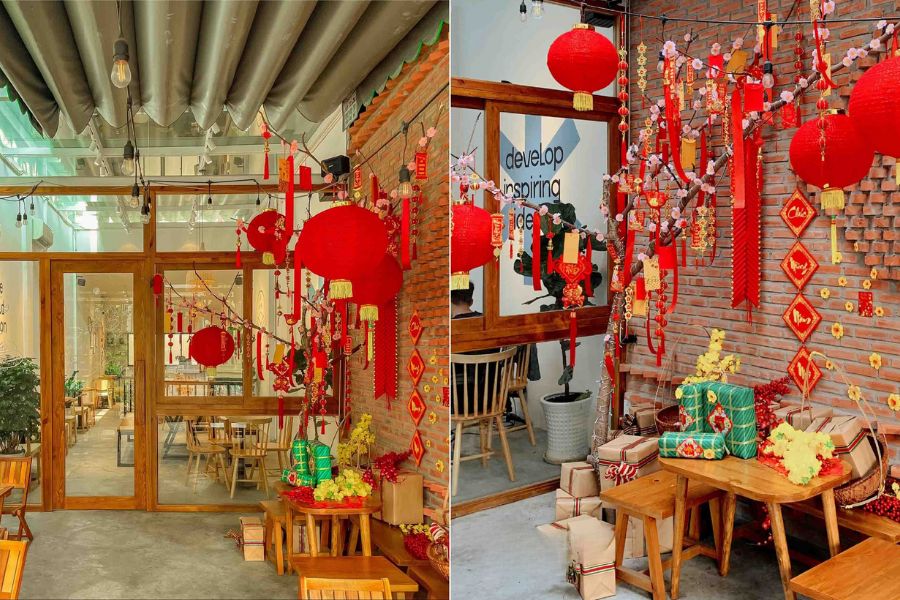 20+ Mẫu Trang Trí Tết Quán Cafe 2026 – Đẹp, Sáng Tạo, Dễ Thi Công 8 Trang trí Tết quán cafe
