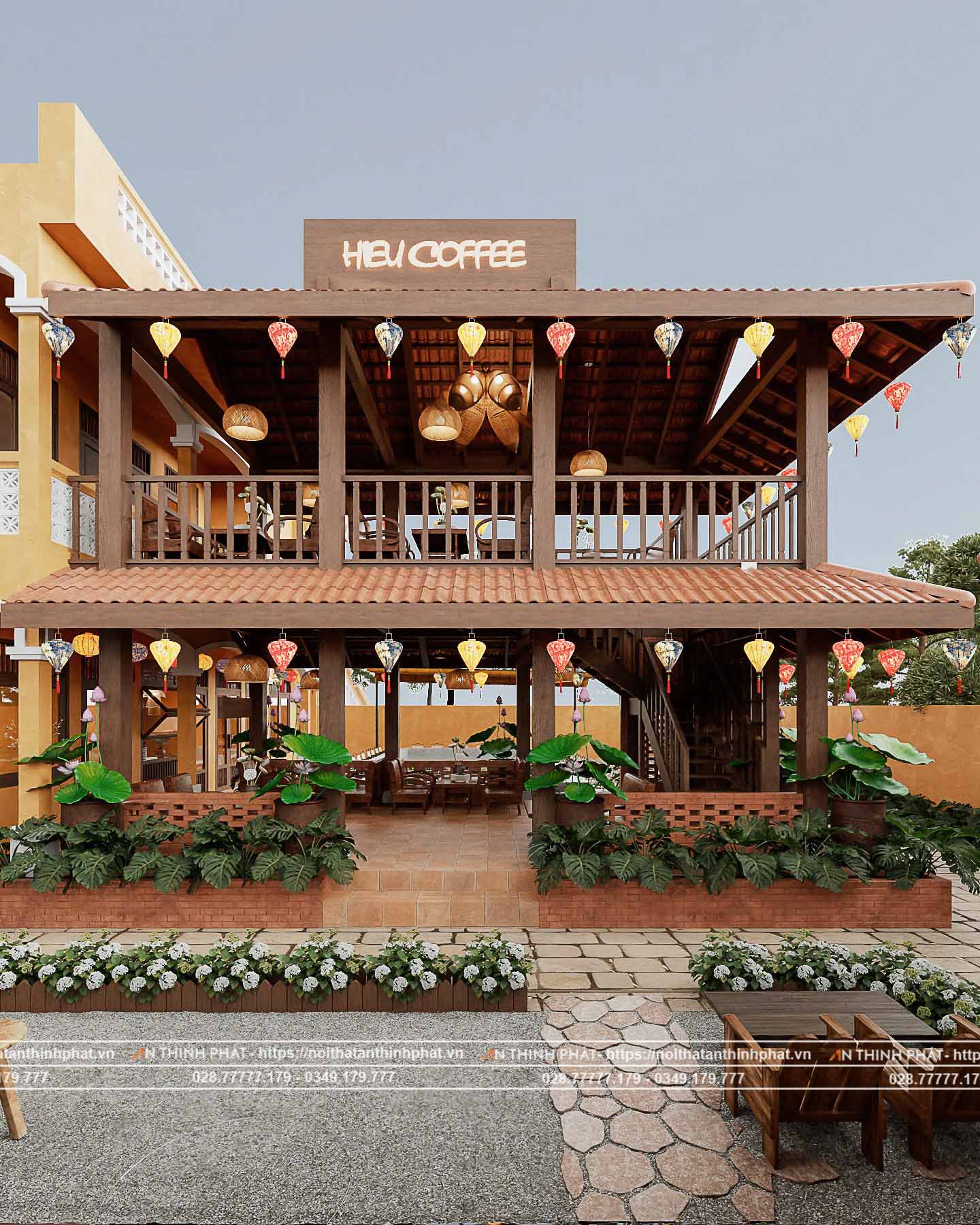 Hệ mái ngói, hệ cột trụ bằng chất liệu gỗ và những chiếc lồng đèn màu sắc