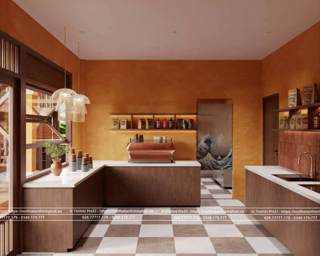 Quầy pha chế và cũng là nơi khách order rộng rãi, đầy đủ công năng