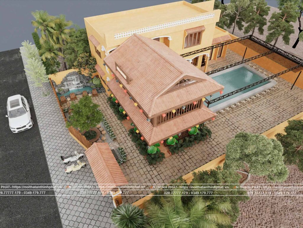 View nhìn từ trên cao của quán, rộng rãi, có chổ để xe, cây xanh và hồ câu tôm là trọng tâm