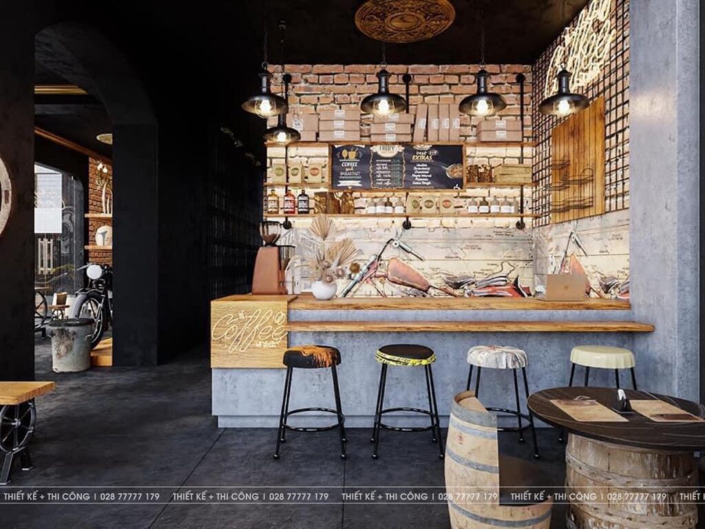 Quầy pha chế được thiết kế phù hợp với Style hầm rượu