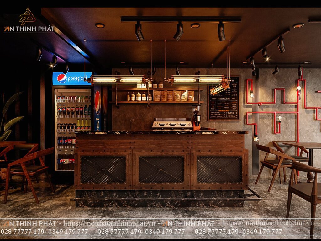 Top 10 Mẫu Thiết Kế Quán Cà Phê Phong Cách Vintage Đẹp Nhất 5 Quầy pha chế được thiết kế theo phong cách Công nghiệp (Industrial)