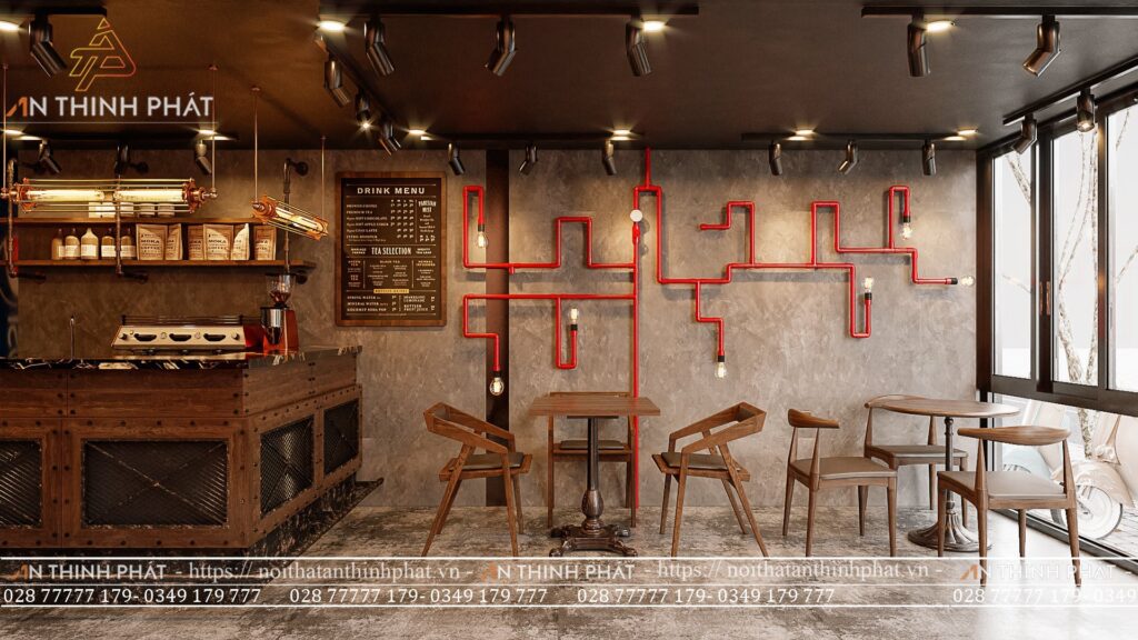 Quầy pha chế được thiết kế theo phong cách Công nghiệp (Industrial)