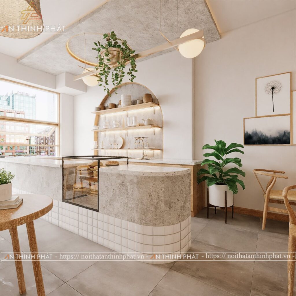 Quầy pha chế được thiết kế hiện đại kết hợp với phong cách Địa Trung Hải