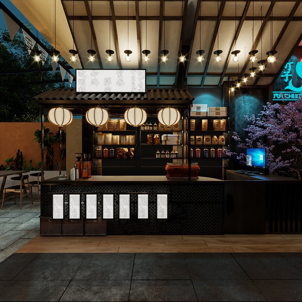 Quầy pha chế được thết hiện đại nhưng vẫn mang nét đẹp của Nhật Bản