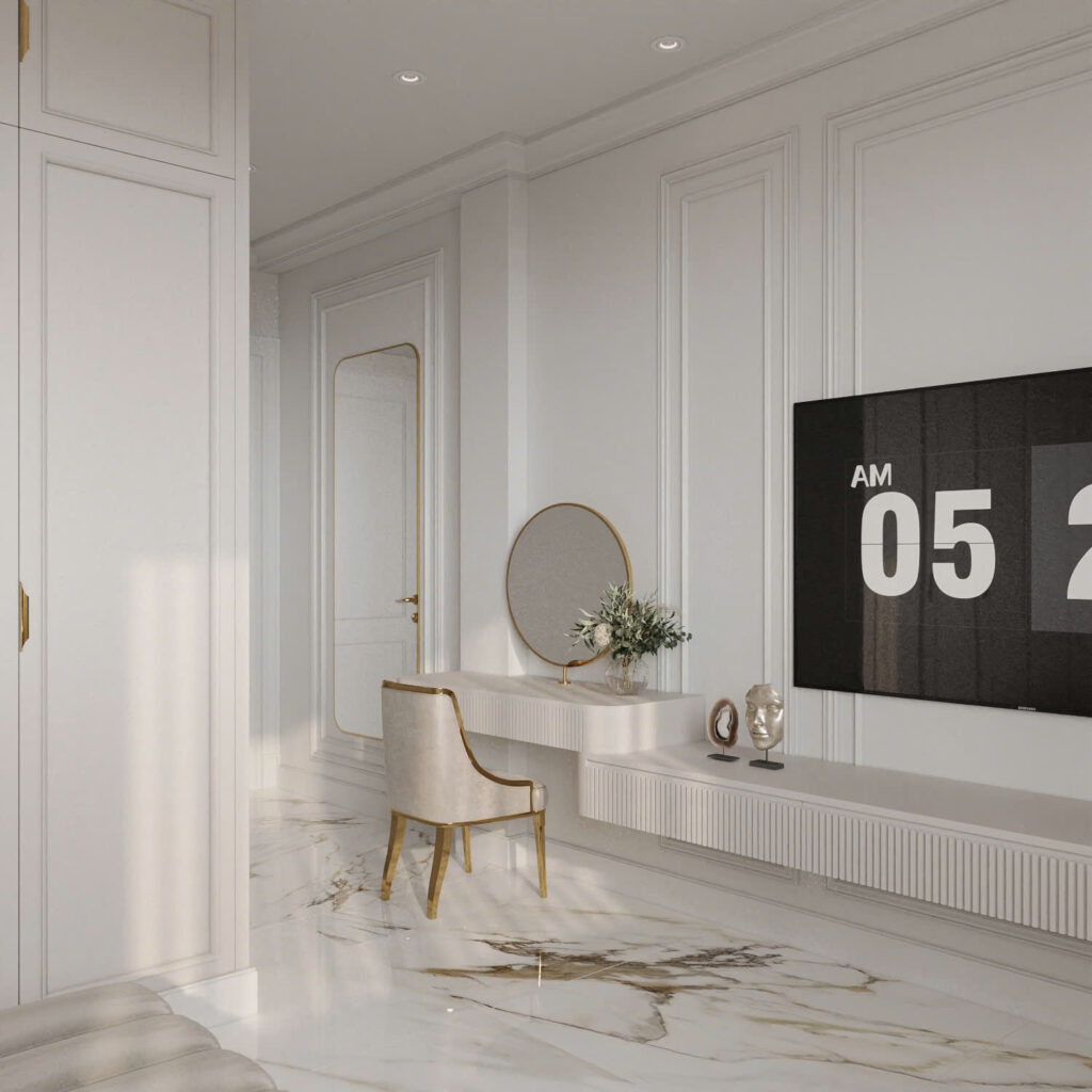 Nội thất căn hộ Quận 12 - 48m2 1 Lối vào phòng và bàn trang điểm, kệ ti-vi được thiết kế hài hòa theo phong cách hiện đại