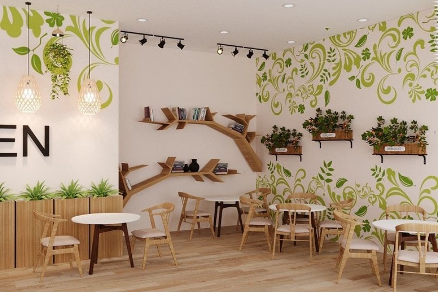 7 Cách trang trí cây xanh đẹp, làm mát cho quán cafe đẹp và thu hút tài lộc, may mắn 3 trang trí cây xanh cho quán cafe