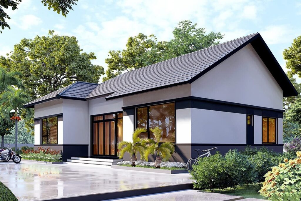 Mẫu nhà 1 tầng sử dụng mái ngói với thiết kế hài hòa, hiện đại