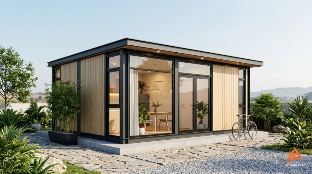10+ Mẫu nhà lắp ghép giá 200 triệu đẹp, hiện đại 2026 7 Nhà lắp ghép giá 200 triệu mái bằng tối giản - Nội thất An Thịnh Phát