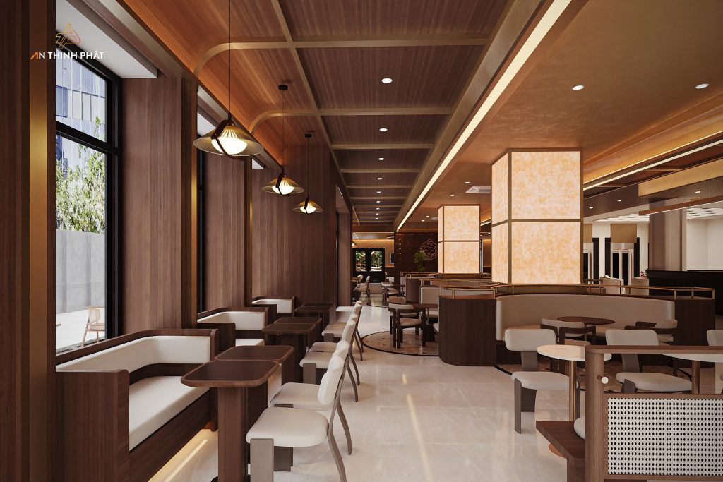HEY TEA - 650 m² - Phong Cách Hiện Đại Tối Giản Sang Trọng 5 Thiết kế khu vực ngồi từ không gian bên trong nhìn ra ngoài