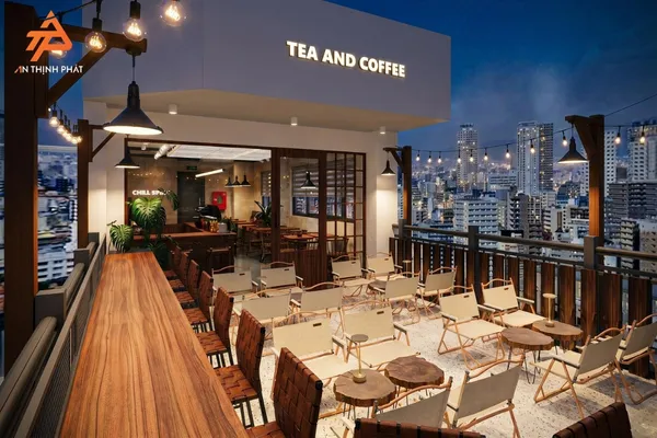 Không gian rooftop Chill Space về đêm với hệ thống ánh sáng nổi bật